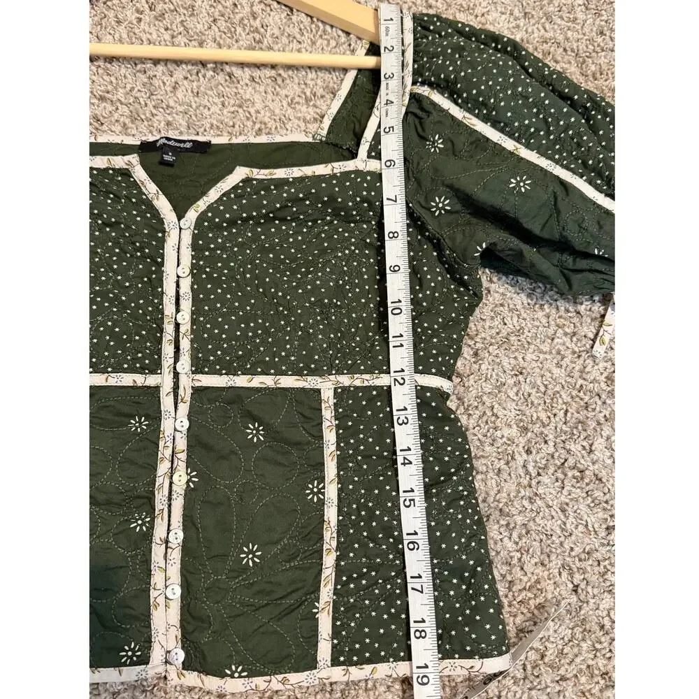 Madewell Patchwork Puff-Sleeve Top in Dark Forest Quilted Crop Sz 6
